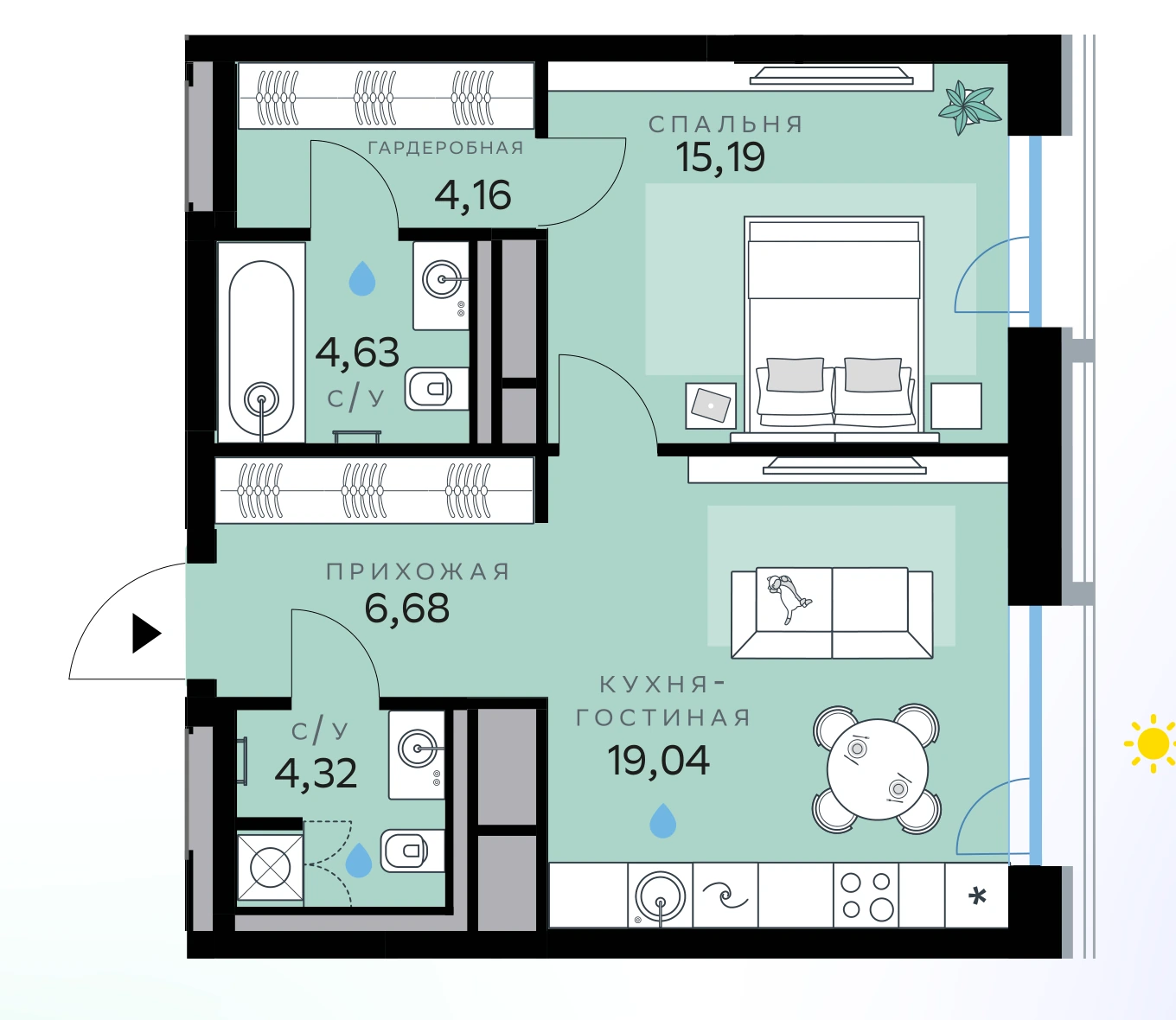 Планировка СберСити — квартал В19 54,02 м², В19 · корпус 1 · №19