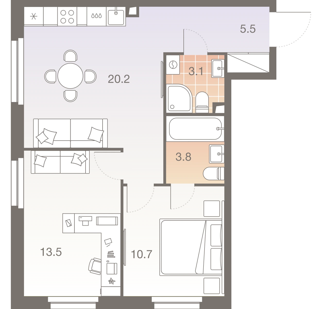 Планировка Твелв 56,8 м², TW-2-2-586
