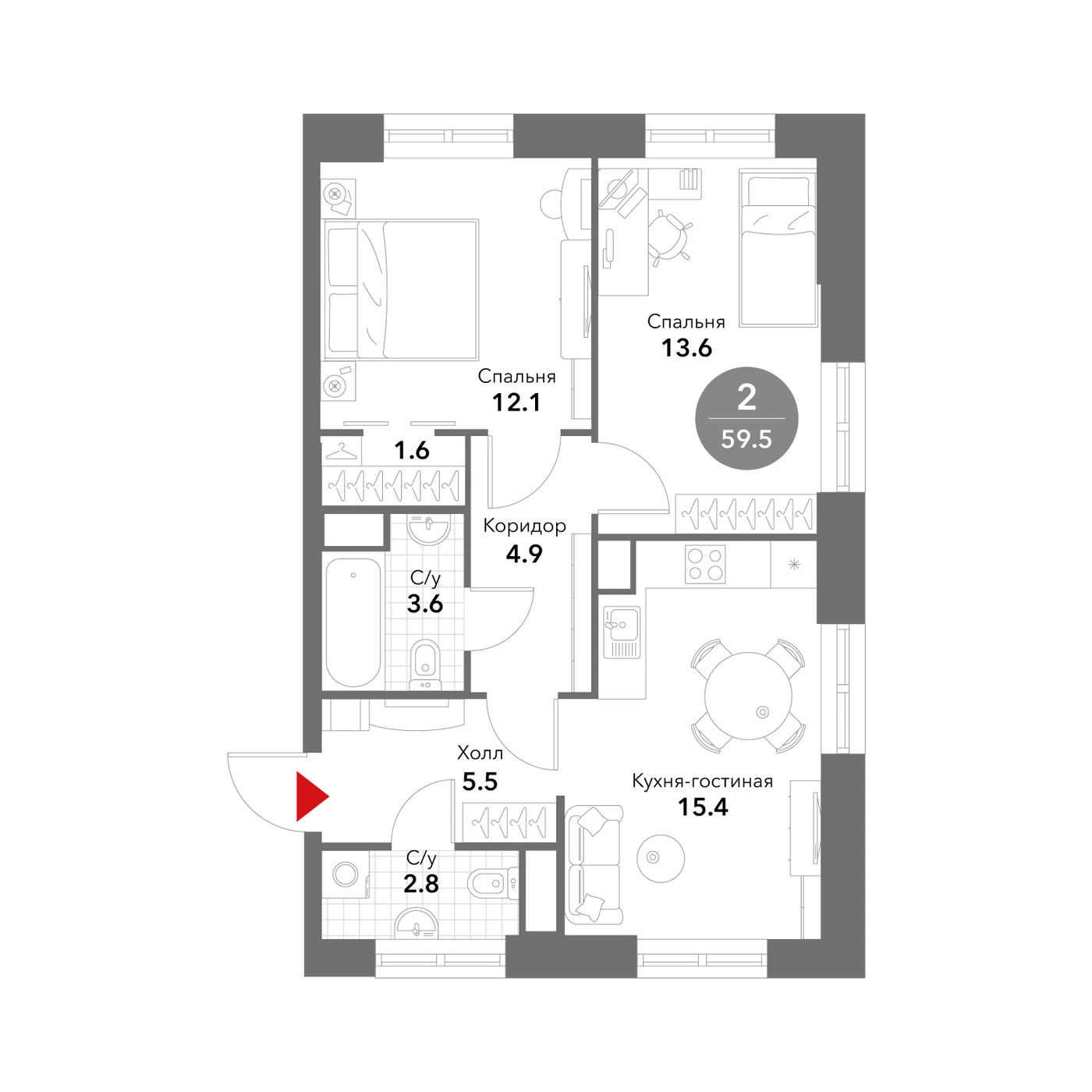 Планировка Воксхолл 59,5 м², 54
