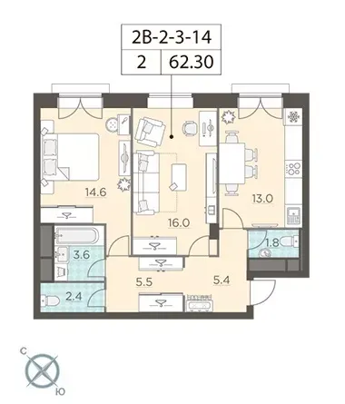 Планировка Ленинградка 58: 62,3 м²