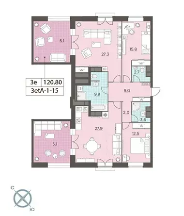 Планировка Ленинградка 58: 120,8 м²