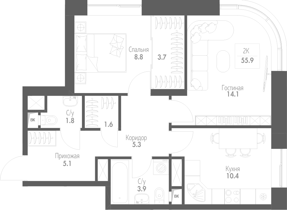 Планировка Monodom Family: 55,9 м²