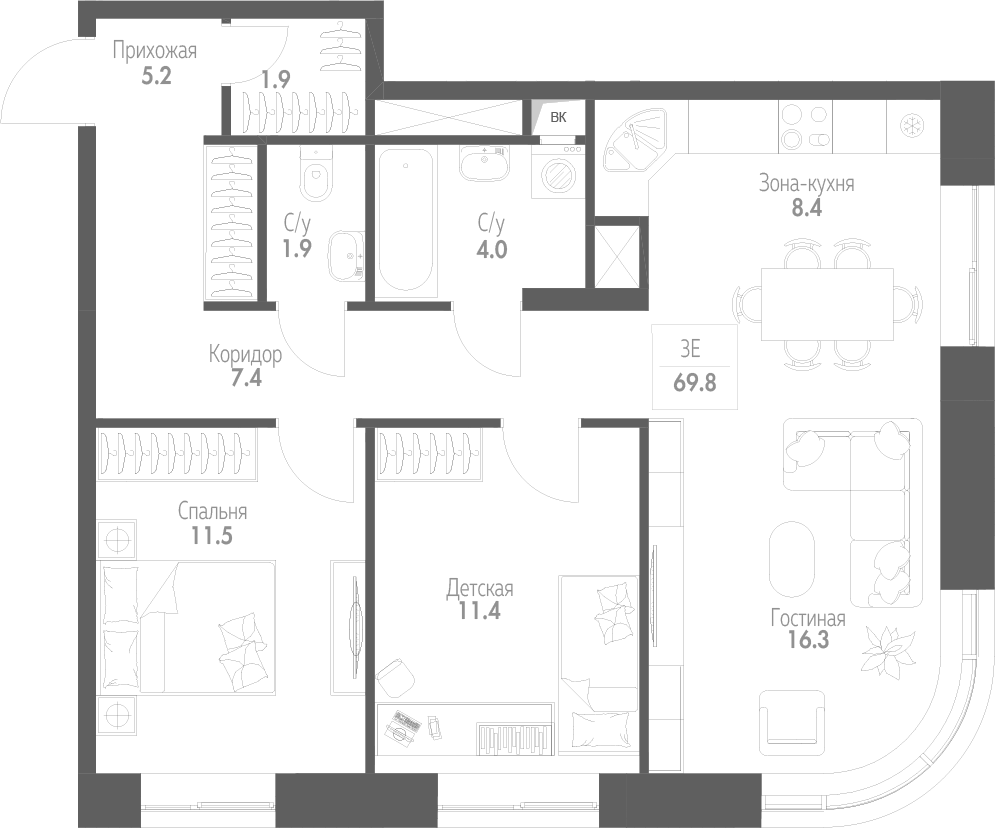 Планировка Monodom Family: 69,8 м²