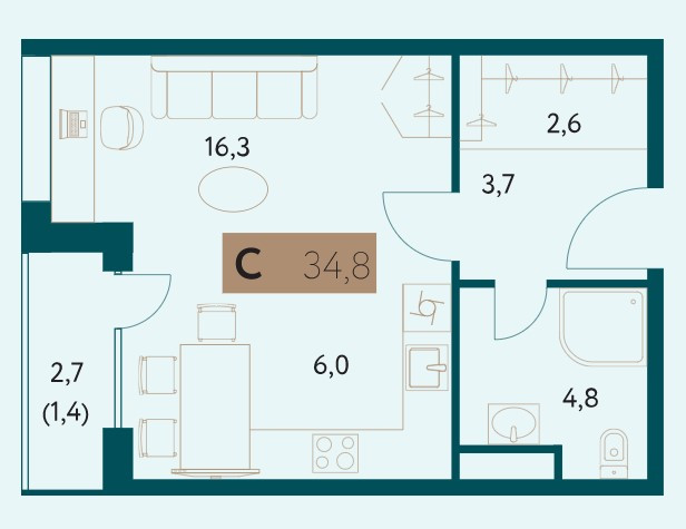 Планировка Настоящее: 34,8 м²