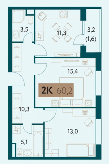 Планировка Настоящее: 60,2 м²