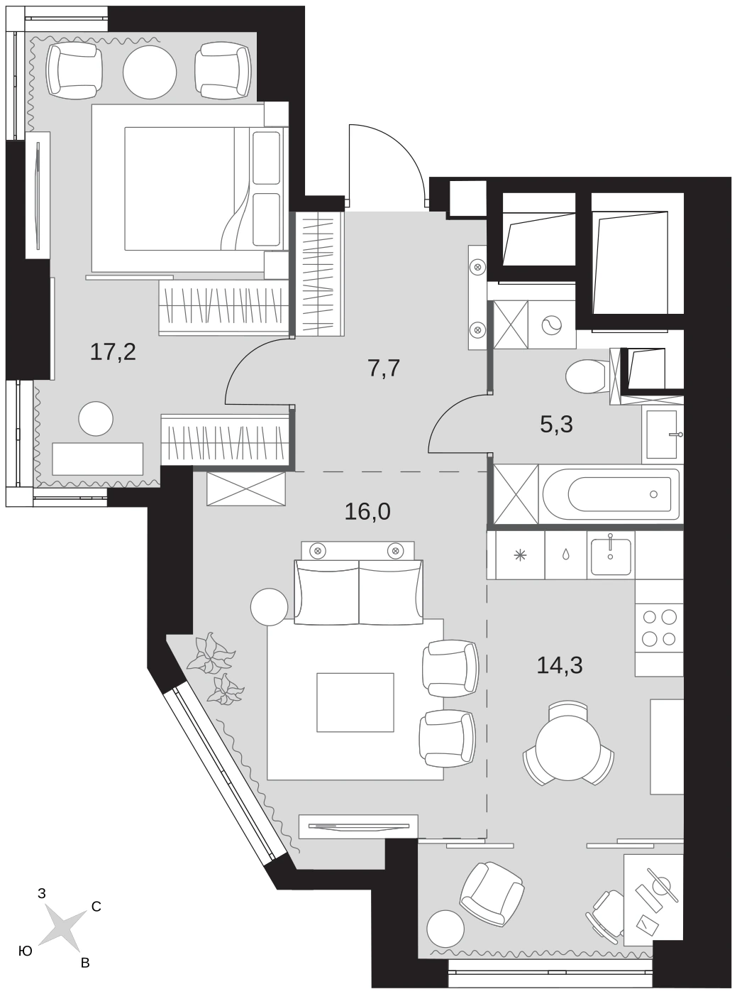 Условный пример планировки 60,5 м²
