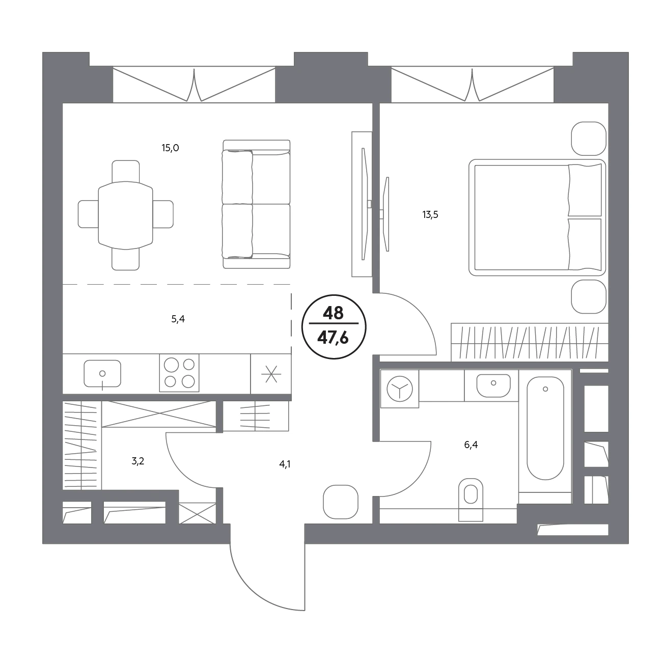Планировка Клубный дом «Космо 4/22» 47,6 м², 48