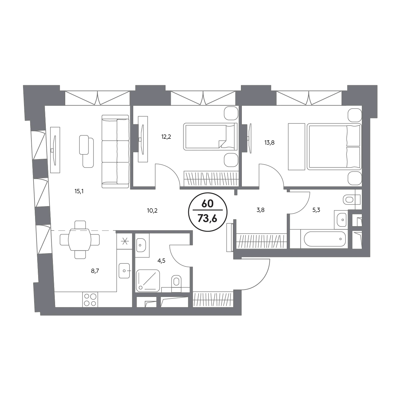 Условный пример планировки 73,6 м²