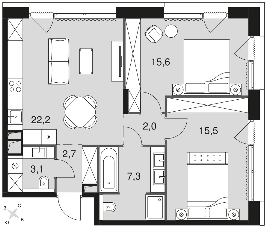 Планировка Лэйк 68,6 м², Корпус 1 · секция 1 · №23