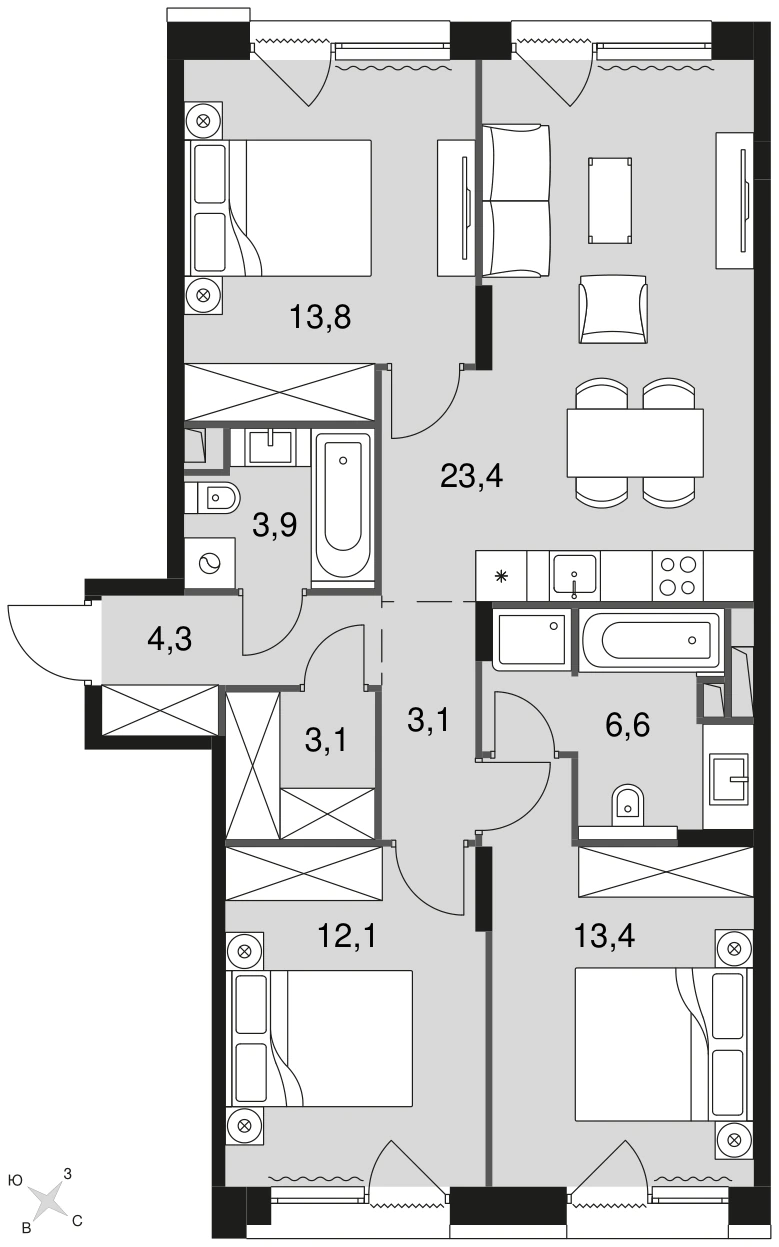 Планировка Лэйк 84,3 м², Корпус 1 · секция 2 · №118