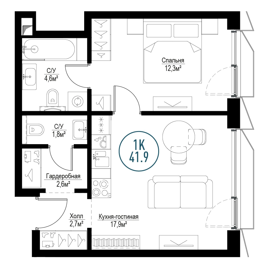 Планировка Метрополия 41,5 м², № 7-180