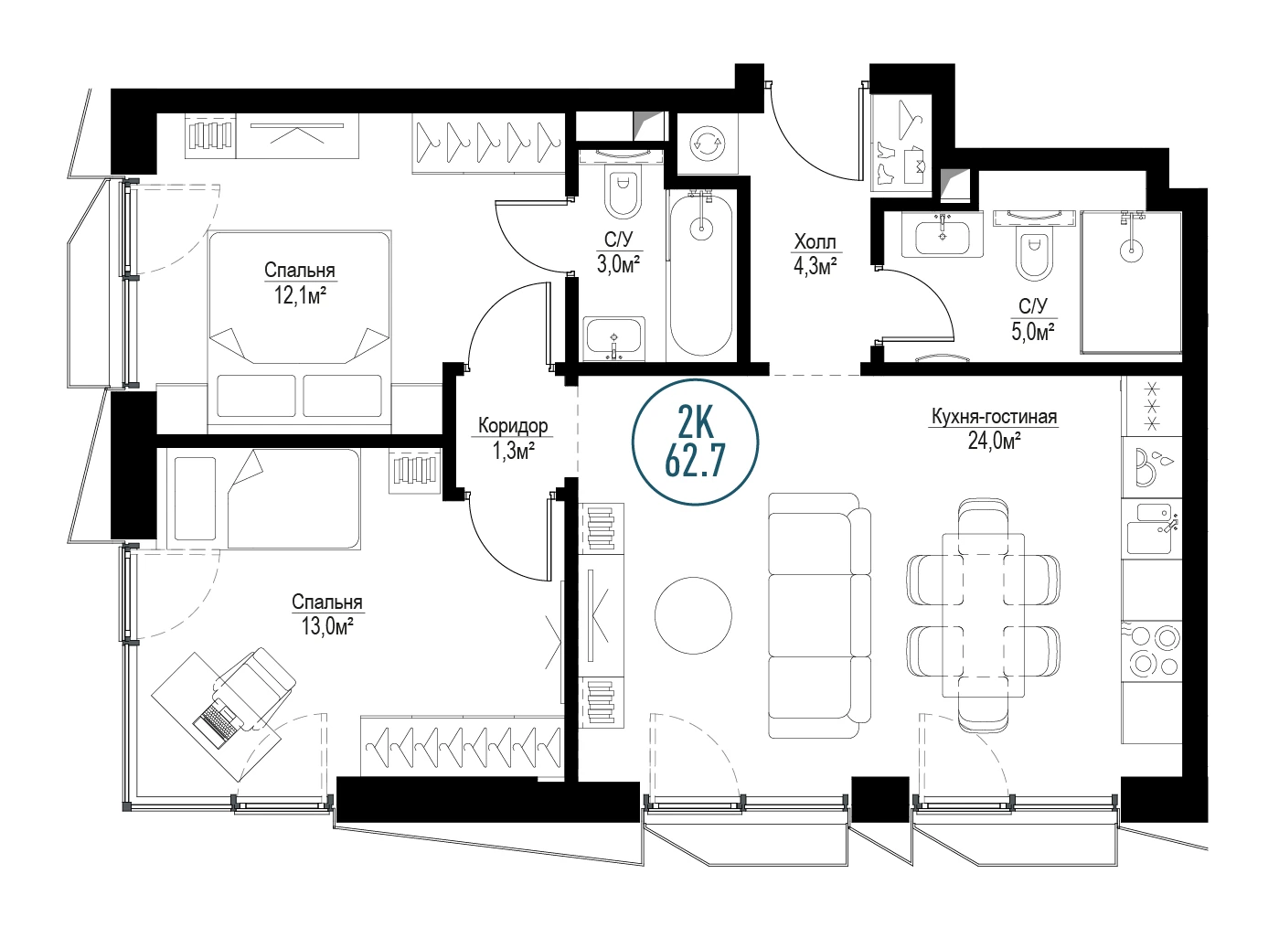 Планировка Метрополия 61,5 м², № 7-30