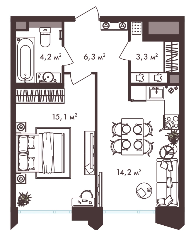 Планировка Петровский парк II 43,1 м², Типовая 43,1 м²