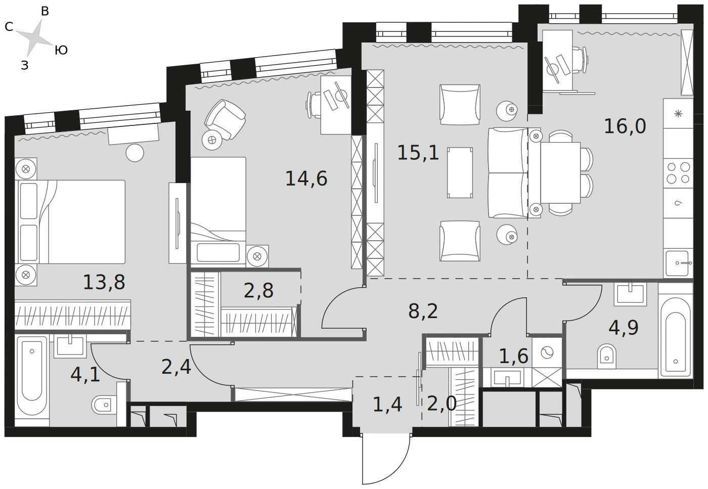 Условный пример планировки 86,9 м²