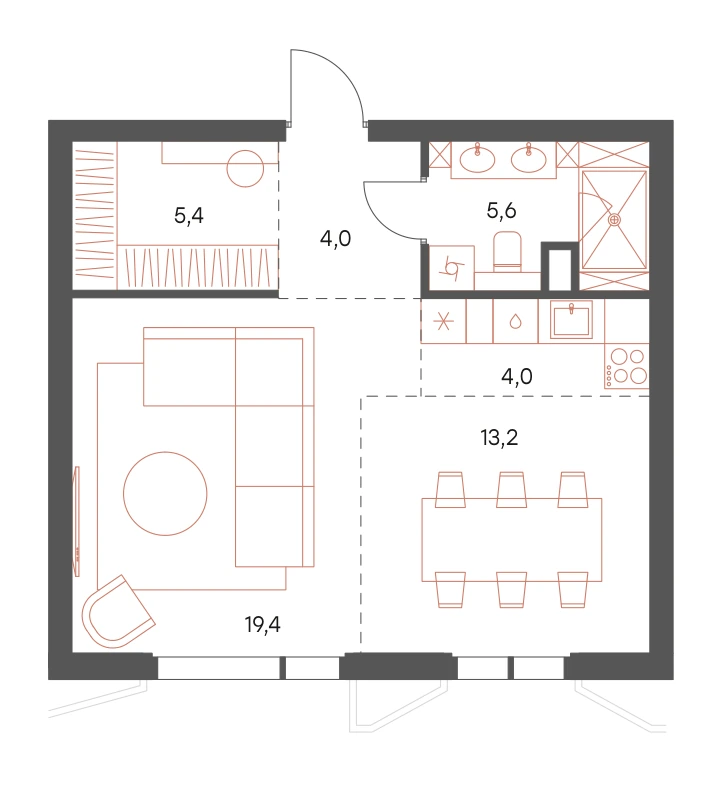 Планировка Саввинская 17 51,6 м², Квартира 1-1