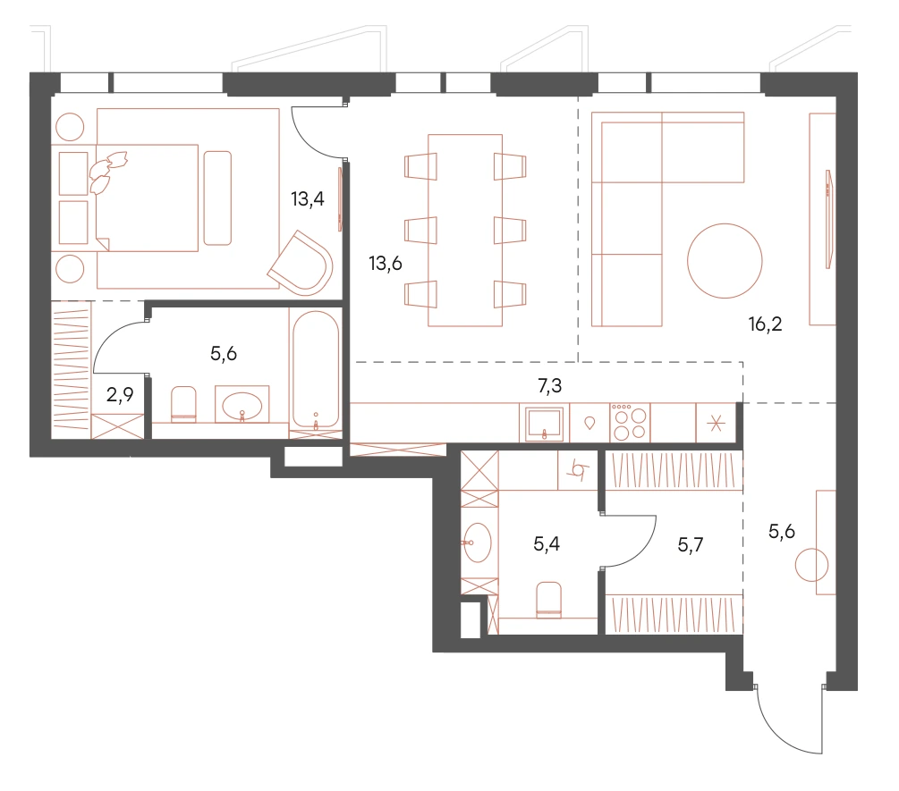 Планировка Саввинская 17 75,7 м², Квартира 2-1