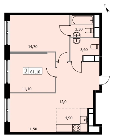 Планировка «Парковый квартал «SELF (Сэлф)»» 61,1 м², 468