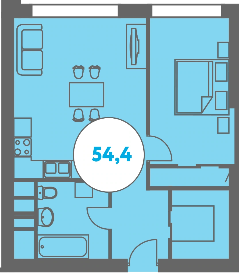 Планировка Триколор 54,4 м², Корпус 4 · секция 1 · 54,4 м²