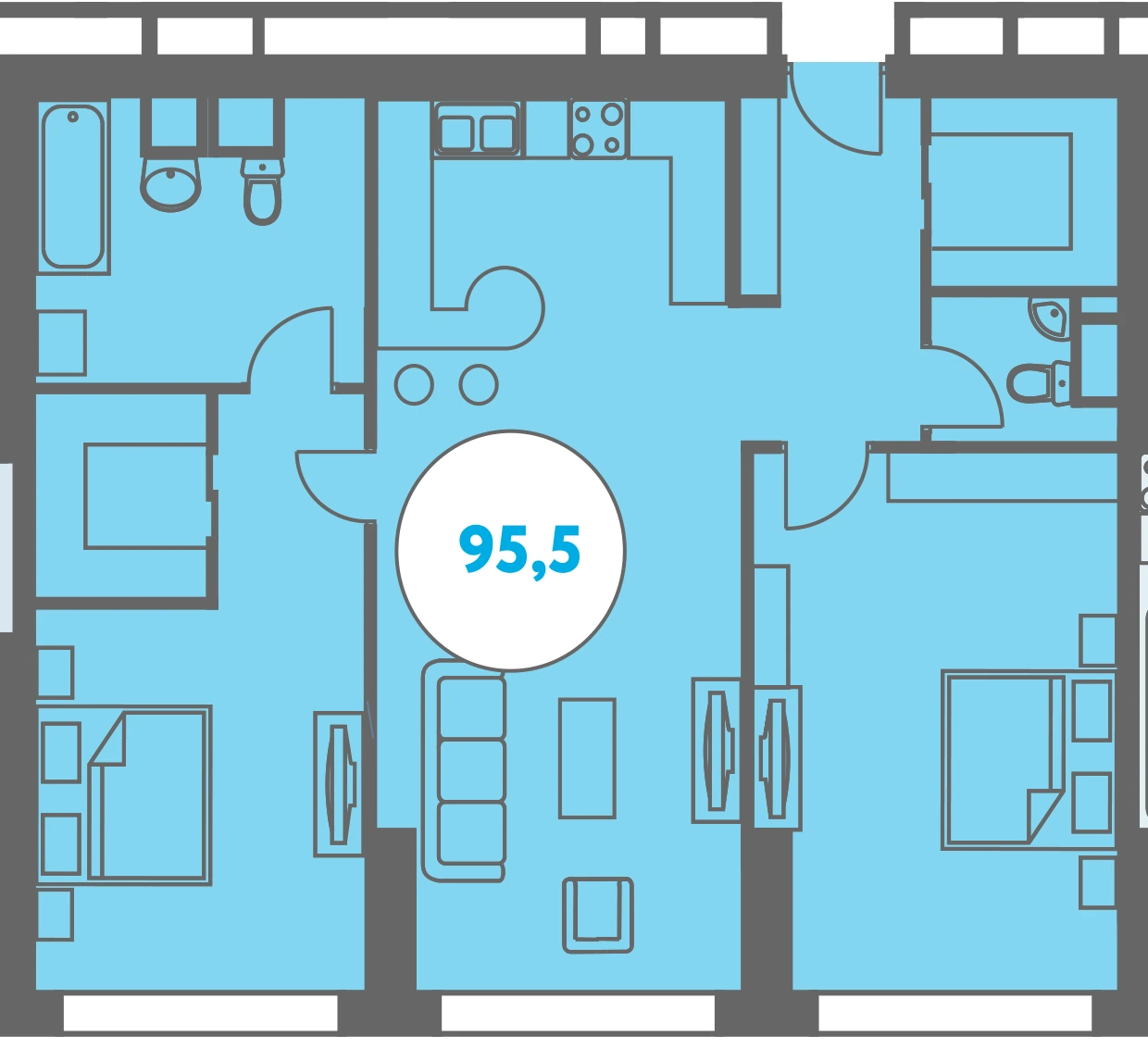 Планировка Триколор 95,5 м², Корпус 4 · секция 1 · 95,5 м²