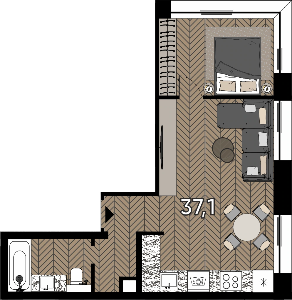 Планировка Зорге 9 37,1 м², ЗГ3-13-3-218/3