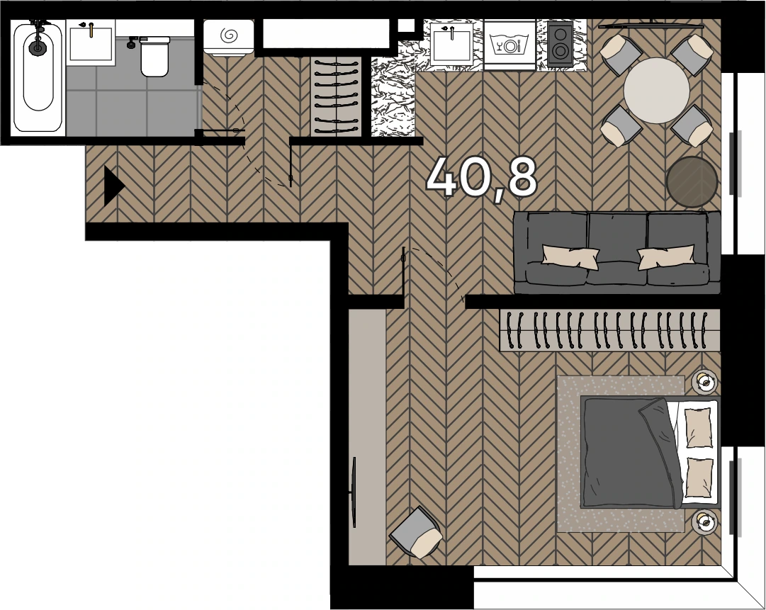 Планировка Зорге 9 40,8 м², ЗГ3-10-3-168/1