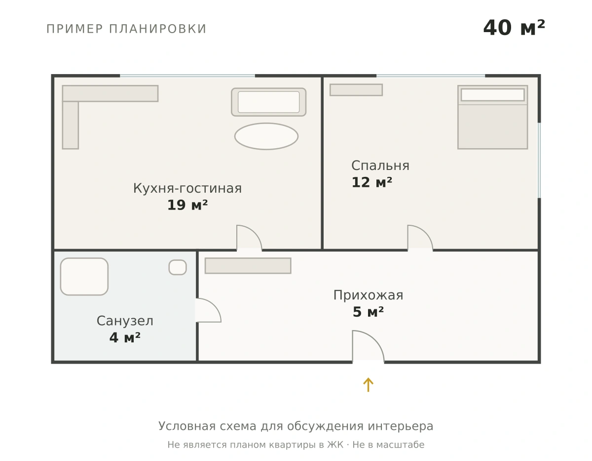 Условный пример планировки 40 м²