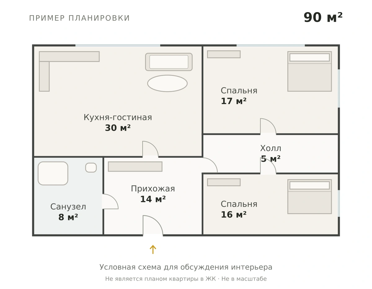 Условный пример планировки 90 м²