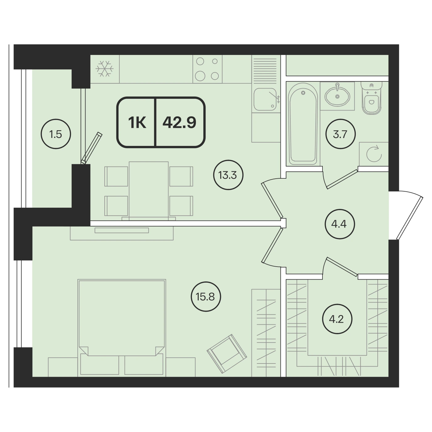 Условный пример планировки 42,9 м²