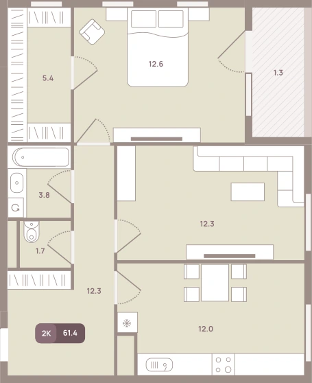 Планировка ОМ 61,4 м², Корпус 1 · 2–6 этажи · 2К 61,4