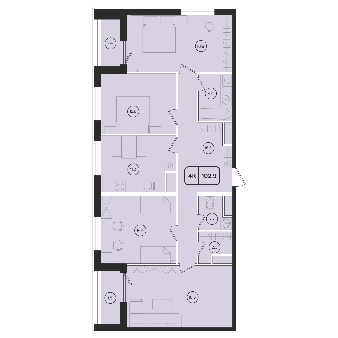 Планировка ОМ 102,9 м², Корпус 2 · квартира 151