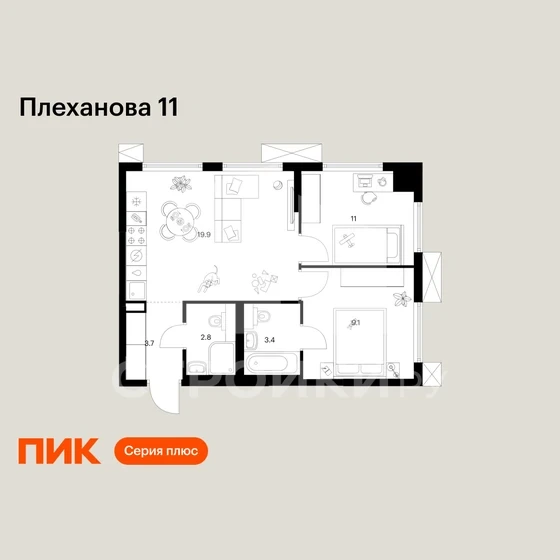 Планировка Плеханова 11 49,9 м², Пример планировки · ID 714419