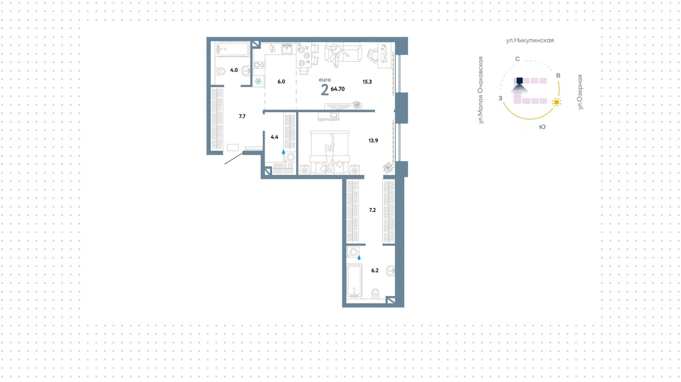 Планировка Страна.Озёрная 64,7 м², Типовая планировка · евро-2 · 64,7 м²