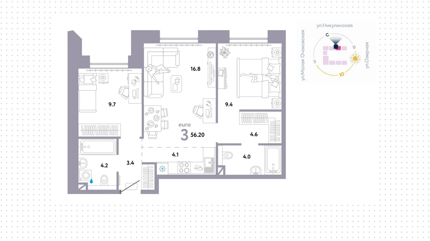 Планировка Страна.Озёрная 56,2 м², Типовая планировка · евро-3 · 56,2 м²