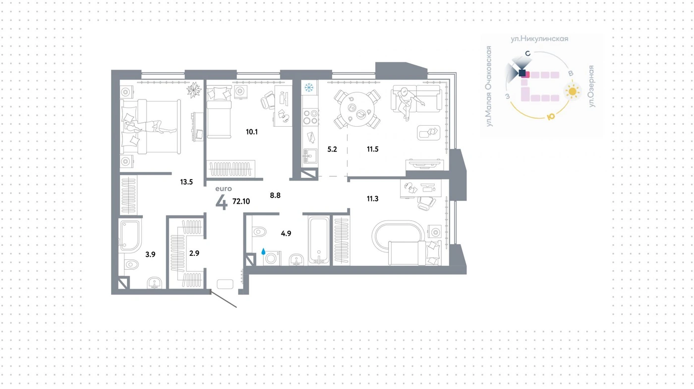 Планировка Страна.Озёрная 72,1 м², Типовая планировка · евро-4 · 72,1 м²