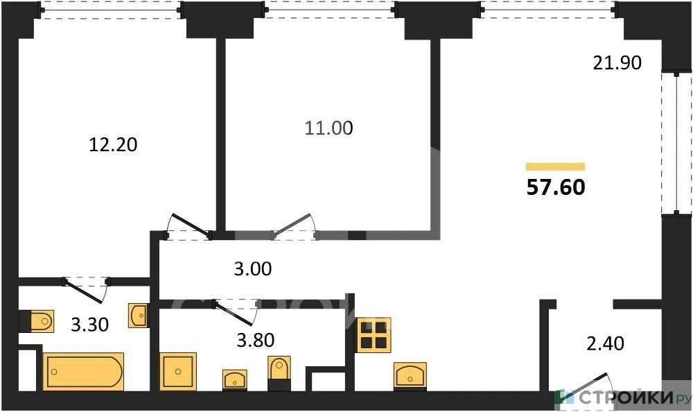Планировка ВЕЙВ 57,6 м², Пример планировки · ID 279003