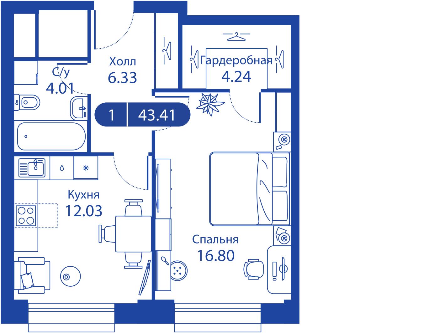 Планировка ILOVE: 43,41 м²