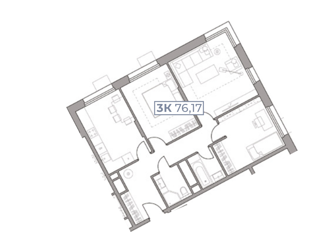 Планировка UNO Старокоптевский: 76,17 м²