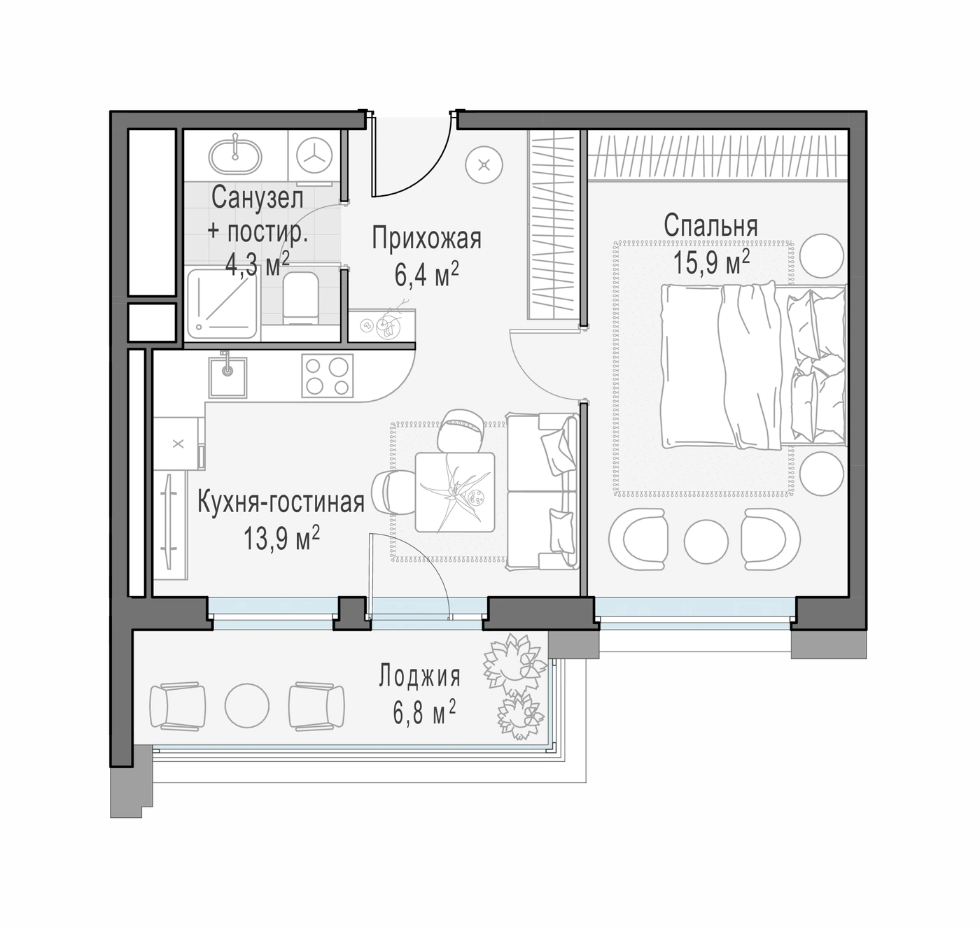 Планировка RiverSky 44,7 м², 181
