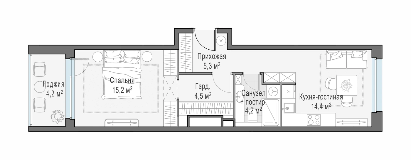 Планировка RiverSky 46,3 м², 977