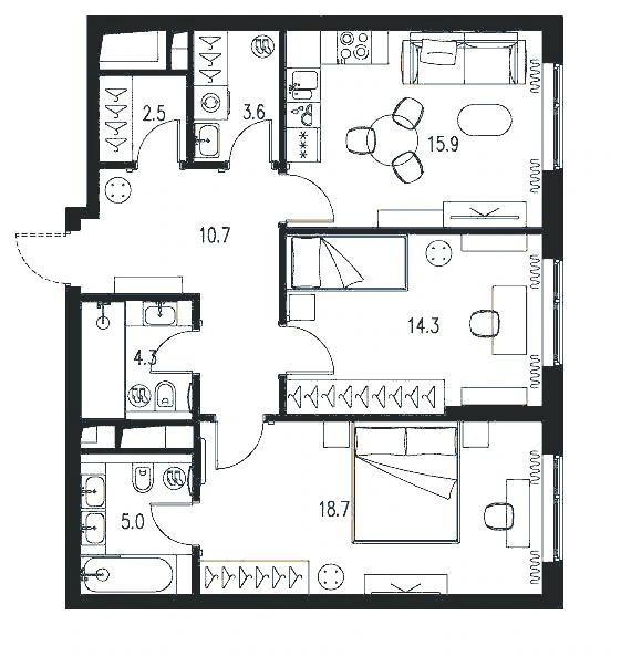 Планировка Клубный дом «Интонация» 75 м², Планировка 75 м²