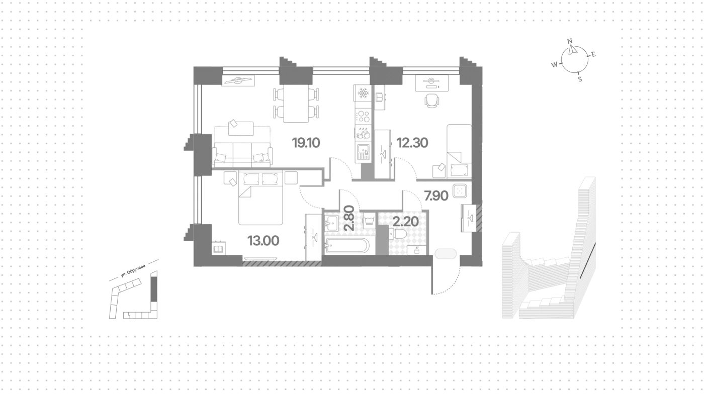 Планировка Обручева 30 57 м², Номер лота: 246688