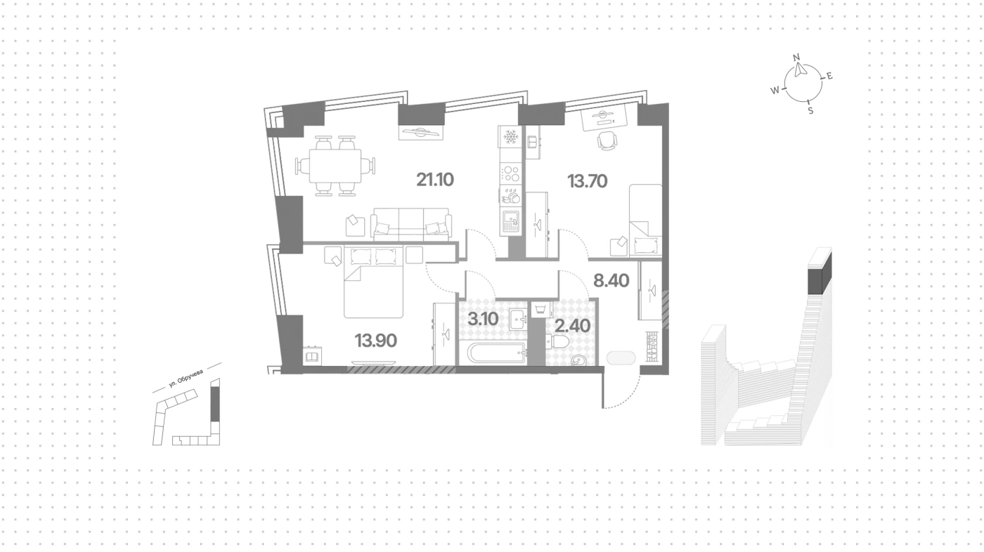Планировка Обручева 30 62 м², Номер лота: 246973