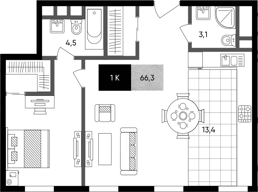 Планировка TITUL на Серебрянической 66,3 м², 82