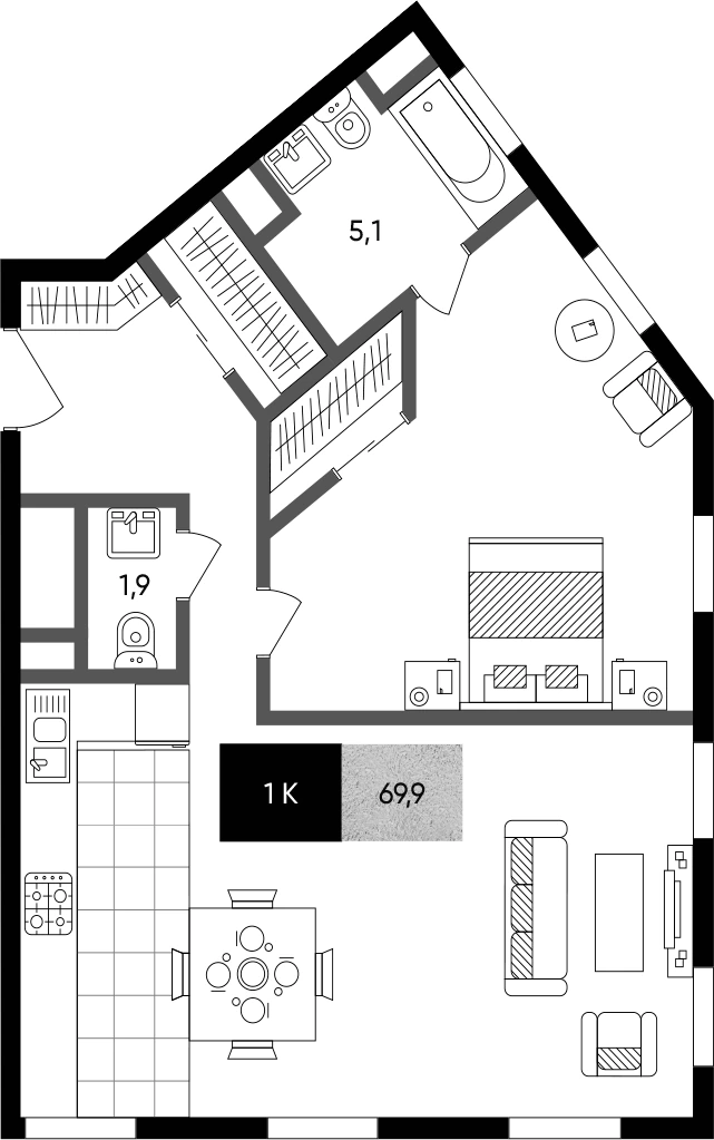 Планировка TITUL на Серебрянической 69,9 м², 90
