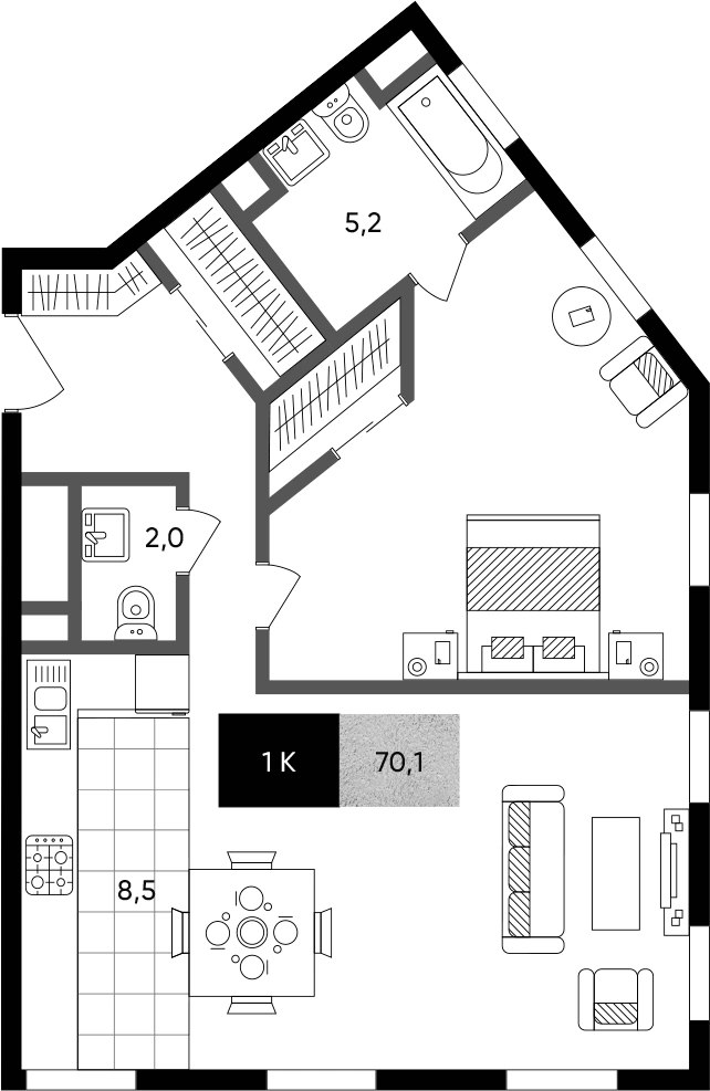 Планировка TITUL на Серебрянической 70,1 м², 81