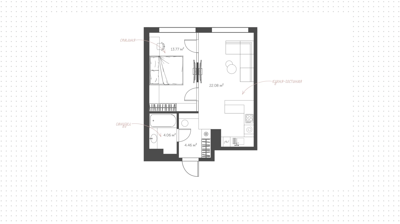 Планировка Вест Гарден 45 м², Номер лота: 309790